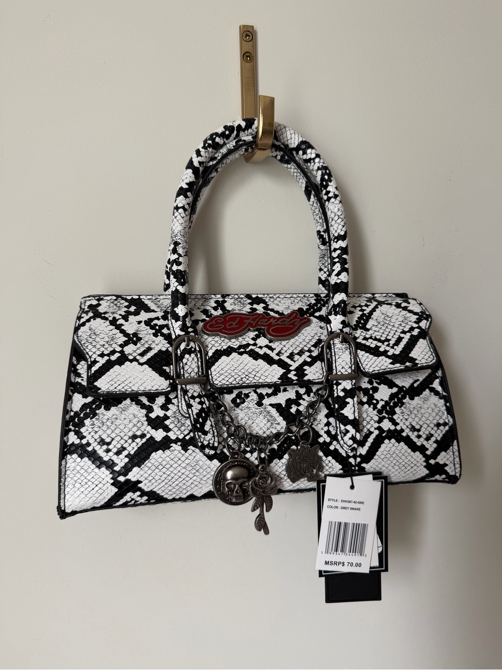 Ed Hardy Black White Snakeskin Top-Handle Bag with silver charms